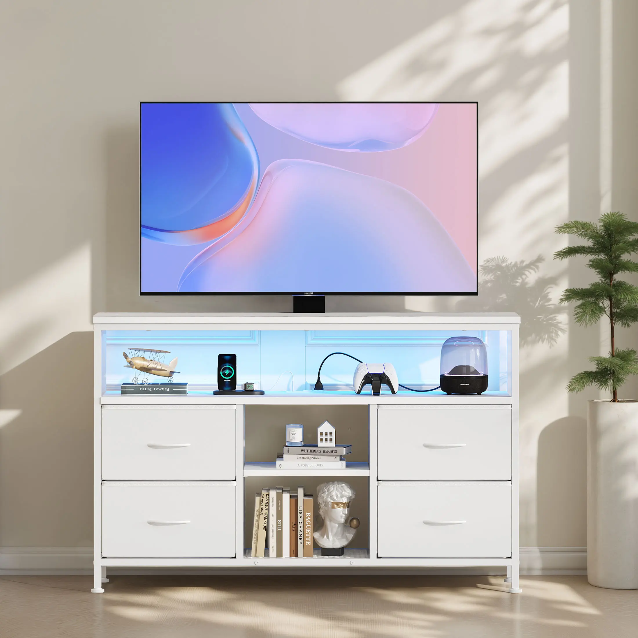 Entertainment Center with LED Lights and Power Ports, TV Stand for 50 Inch TV with 4 Drawers and Storage Shelves, Media Console with Adjustable Feet