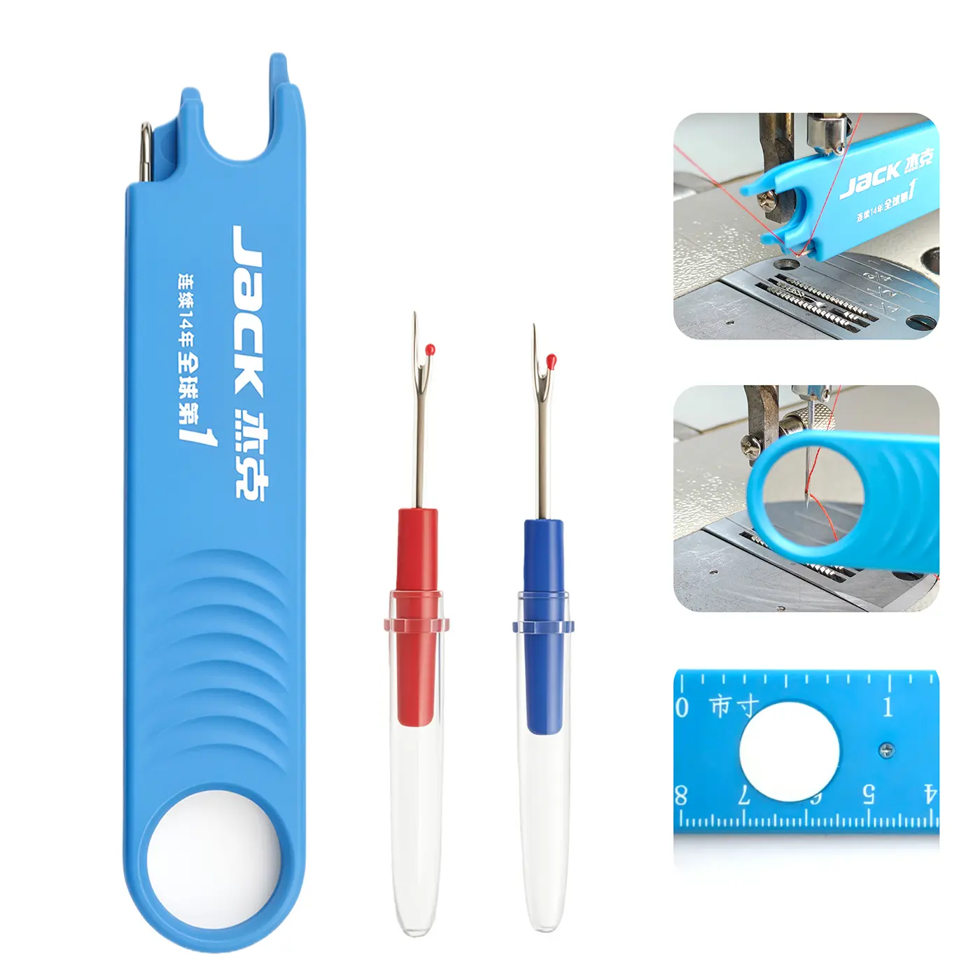 JACK Sewing Machine Quick Needle Threader Set of 3 - 2 High-Quality Seam Rippers Included, Enlarged Magnet for Strong Hold, Shark-Gill Anti-Slip Design for Smooth Threading, Size Scale, Upgraded Material for Comfort