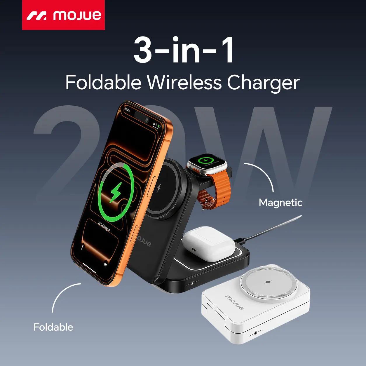 MOJUE Foldable 3in1 Charging Station for Magsafe, Travel Phone and Watch Charger for Apple, PD20W Wireless Charging Dock for Multiple Devices iPhone 17 16 15 14 13 12 Series & Samsung Series/Apple Watch/Airpods