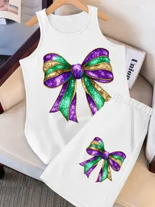 2 Piece Casual Vest Shorts Set, Carnival Ethnic Pattern Print, Ideal for All Seasons, Fitted Regular Length, Perfect Choice for Any Occasion