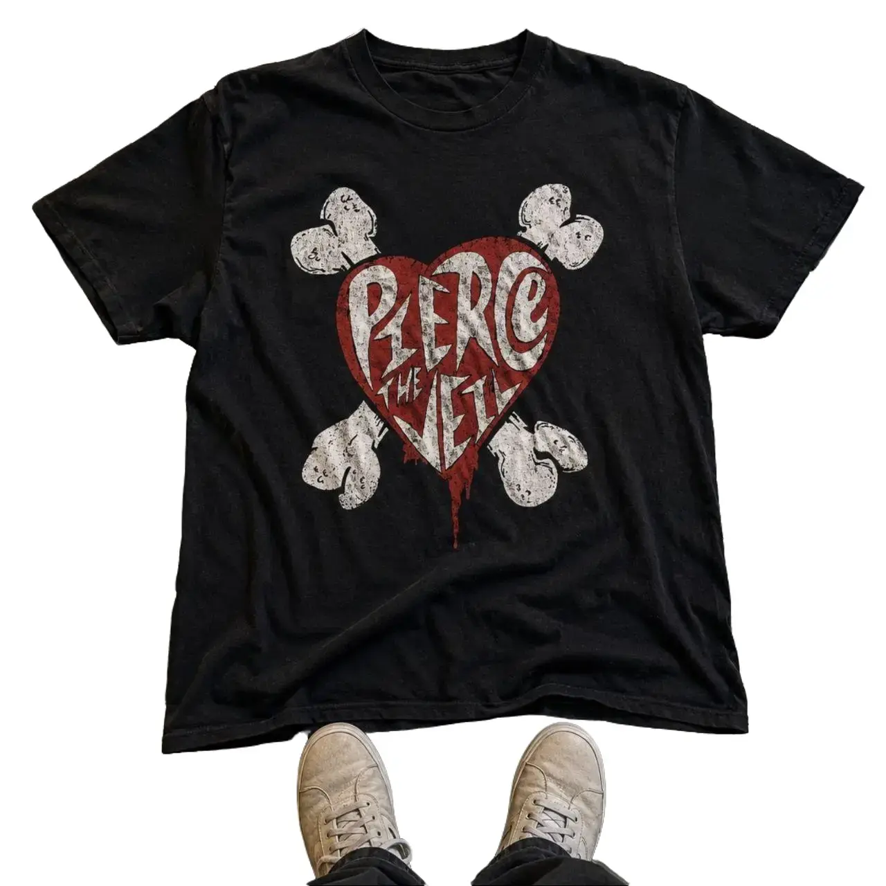 Vintage Pierce The Veil Band Tee, Emo Heart and Bones Graphic Shirt, 2000s Pop Punk Concert T-Shirt, Alternative Rock Merch, Scene Grunge Aesthetic Clothing, Edgy Dripping Heart Shirt, Unisex Black Tee