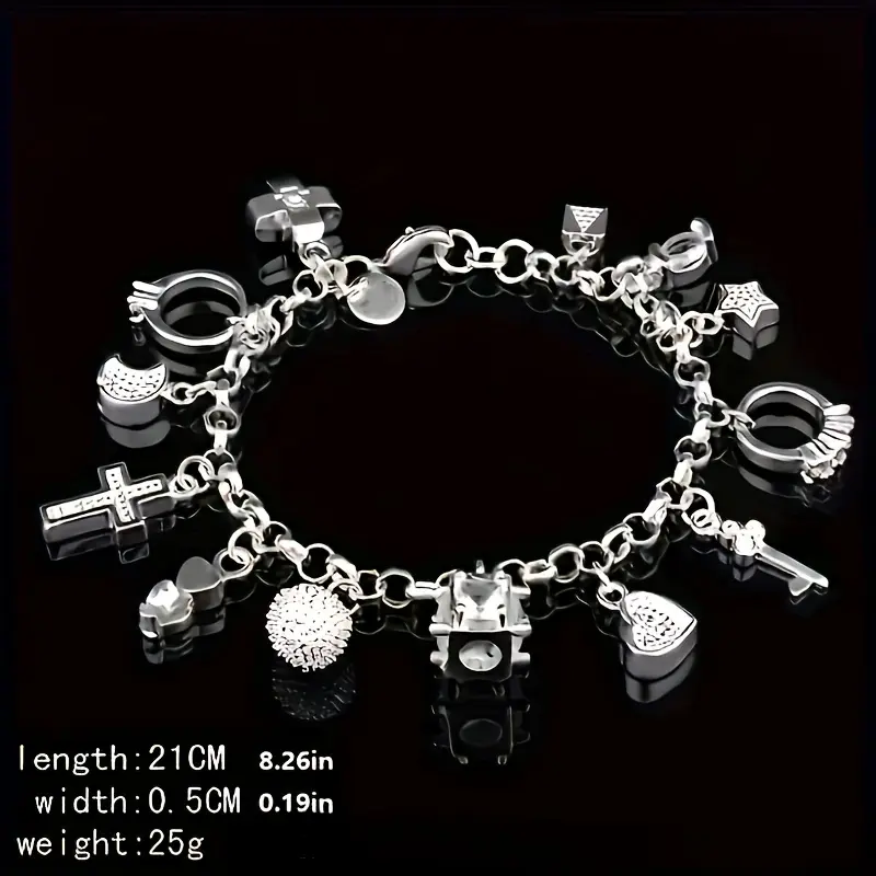 1pc Silver Plated 13Pcs Charm Pendant Bracelet Women's Silver Color Bracelet & Bangle Jewelry Gift Bracelet With Charms