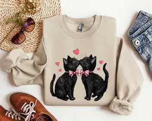 Kissing Cats Shirt, Cute Black Cat Valentine Sweatshirt, Romantic Kitty Hoodie, Adorable Cat Lover T-Shirt for Women and Men