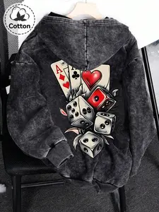 Men's Graphic Zipper Hoodie, Poker a & Dice Pattern, Casual Loose-Fitting Cotton Sweatshirt, Spring & Fall Fashion, Daily Wear