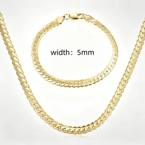 18k Gold Plated Cuban Link Chain Set for Men & Women 5mm Width Necklace & Bracelet No Tarnish Durable Jewelry