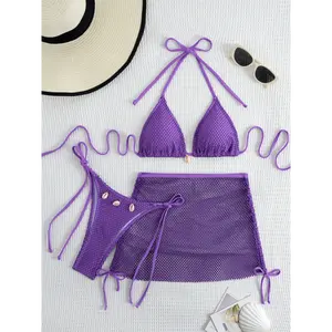 Solid Color 3pcs Bikini Set, Halter Neck with Mesh Tie Back and High Cut Sides, Cover-Up Wrap Swimsuit, Women's Swimwear and Clothing Triangle Top summer outfits spring outfits