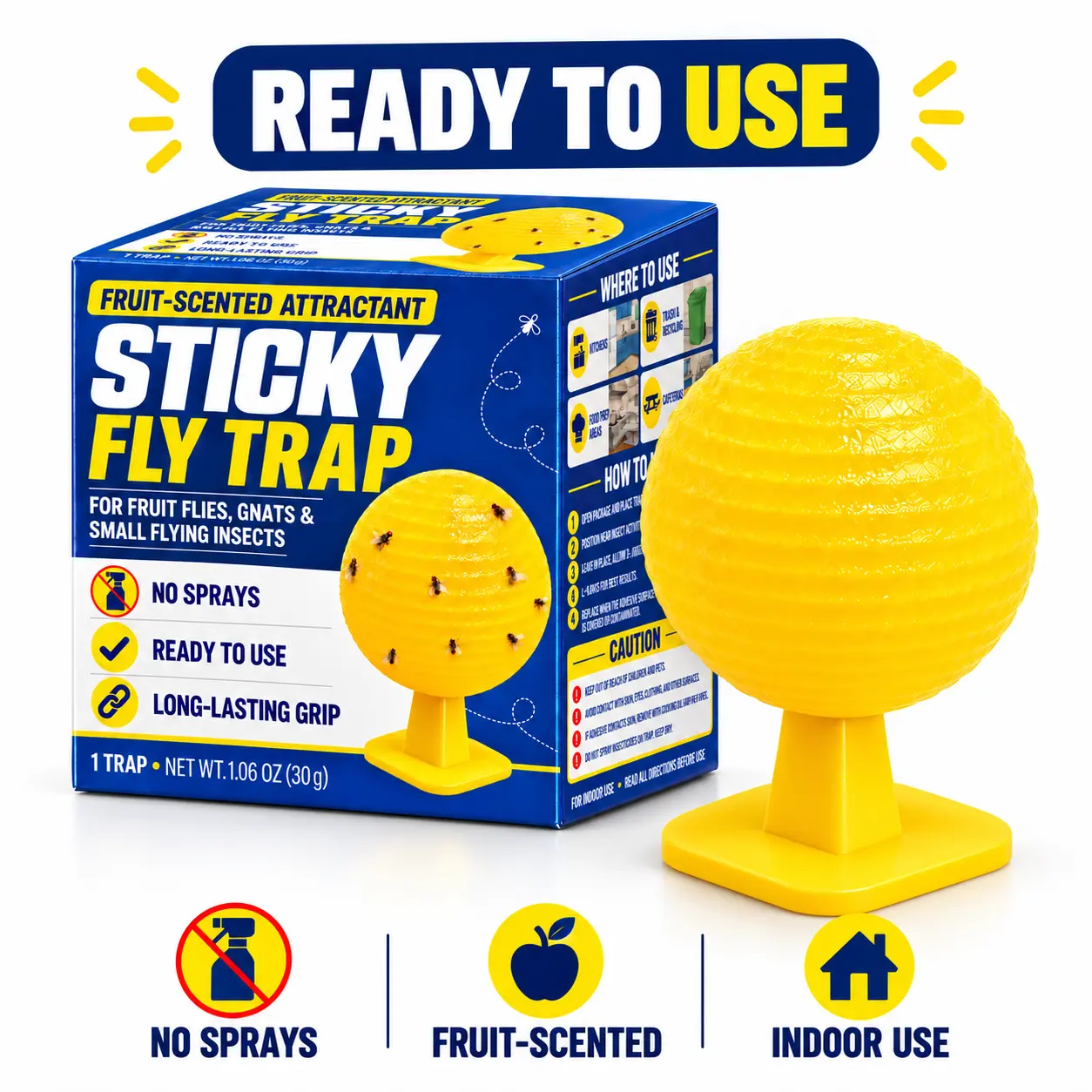 Fruit Fly Trap for Indoors, Gnat Trap for Kitchen Home, Sticky Fly Catcher Ball, Yellow Bug Trap for Small Flying Insects