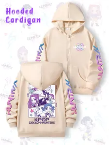 Girls Kpop Demon Hunters Korean Fashion Cartoon Print Hoodie, Casual Loose Zipper Sweatshirt, Spring & Fall Clothing