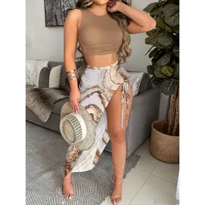 Elegant Floral Print Two-Piece Set for Women - Crop Tank Top & High Slit Skirt with Drawstring Detail, Polyester, Machine Washable - for Spring/Summer, Short, Print Clothes Fabric Womenswear Suits Chic Sleeveless Khaki