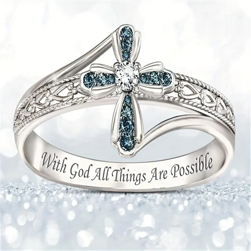 1 Pc Unisex Exquisite Fashionable Blue Zircon Cross Flower Ring - Crossdesign, Blue Stone, Crucifix Motif Costume Jewelry Gift, Crossdesign Rings, Blue Stone Rings