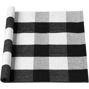 Unique Bargains Buffalo Check Rug,Plaid Outdoor Rug,Layered Door Mat,Cotton Gingham Rugs,Floor Mat For Front Porch/Runner/Bedroom/Kitchen/Farmhouse 35"x24" Black & White