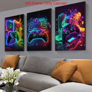 Game Console & Controller Pattern Canvas Painting without Frame, 3 Counts/set Creative Game Console Themed Wall Art Poster, Wall Art Decor