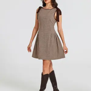Brown Plaid Boat Neck A-Line Midi Dress