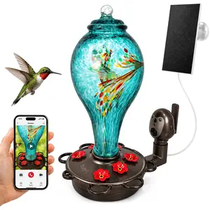 LUJII Solar Hummingbird Feeder with Camera, Hand Blown Glass Bird Feeder with AI Bird Identification, Motion Alerts, Auto Recording, Leak Proof & Ant Moat