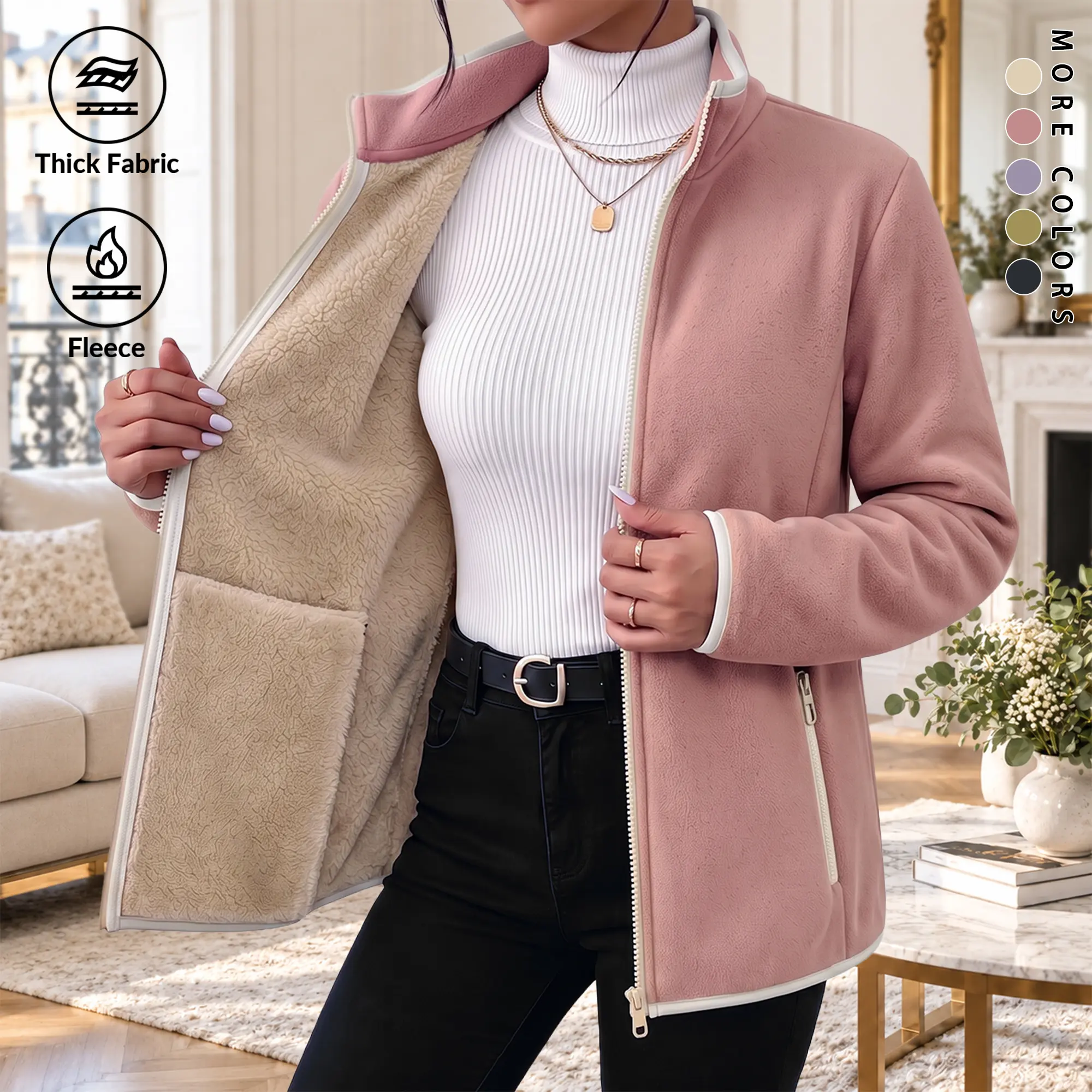 Women's full-zip fleece stand collar jacket, warm fleece-lined winter coat, soft windproof casual outerwear, lightweight thick fleece-lined cardigan, ideal for everyday walks and outdoor activities