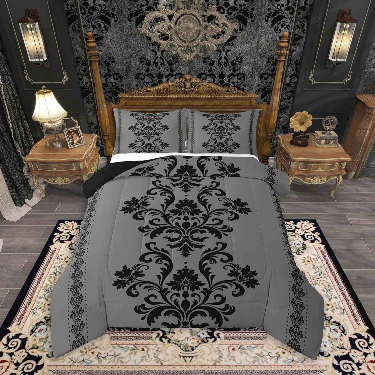 Feelyou Gothic Vintage Black Grey Jacquard Damask Floral Quilt Set - Queen Size Microfiber Duvet Comforter, Soft Lightweight Breathable All-Seasons, Machine Washable, Goth Bedroom Decor Travel-Friendly Bedding, Set Includes Core Pieces