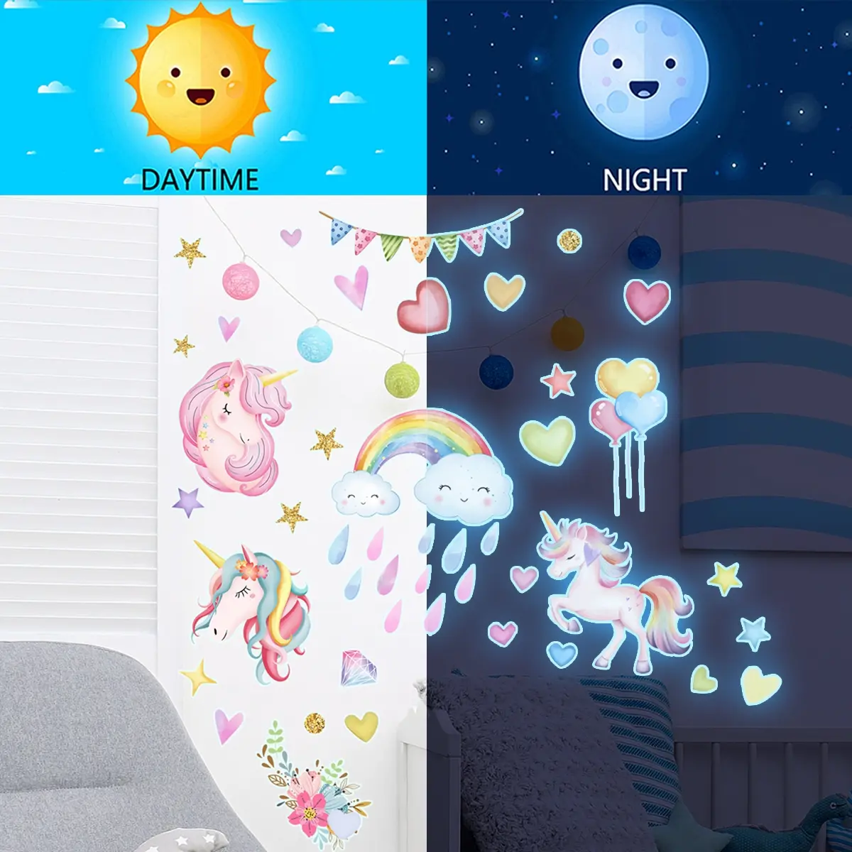 A set of two luminous rainbow unicorn cloud wall stickers for bedroom and living room background walls, home decoration stickers, self-adhesive Glow in Dark YCL7553-NL