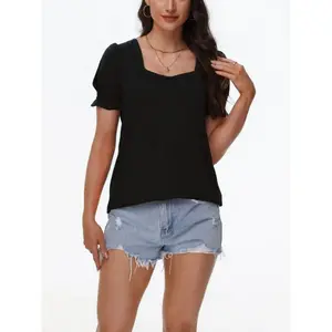 Women's fluffy sleeve square neck T-shirt, loose casual short sleeved elegant business shirt, summer vacation casual T-shirtRAIMENTRY