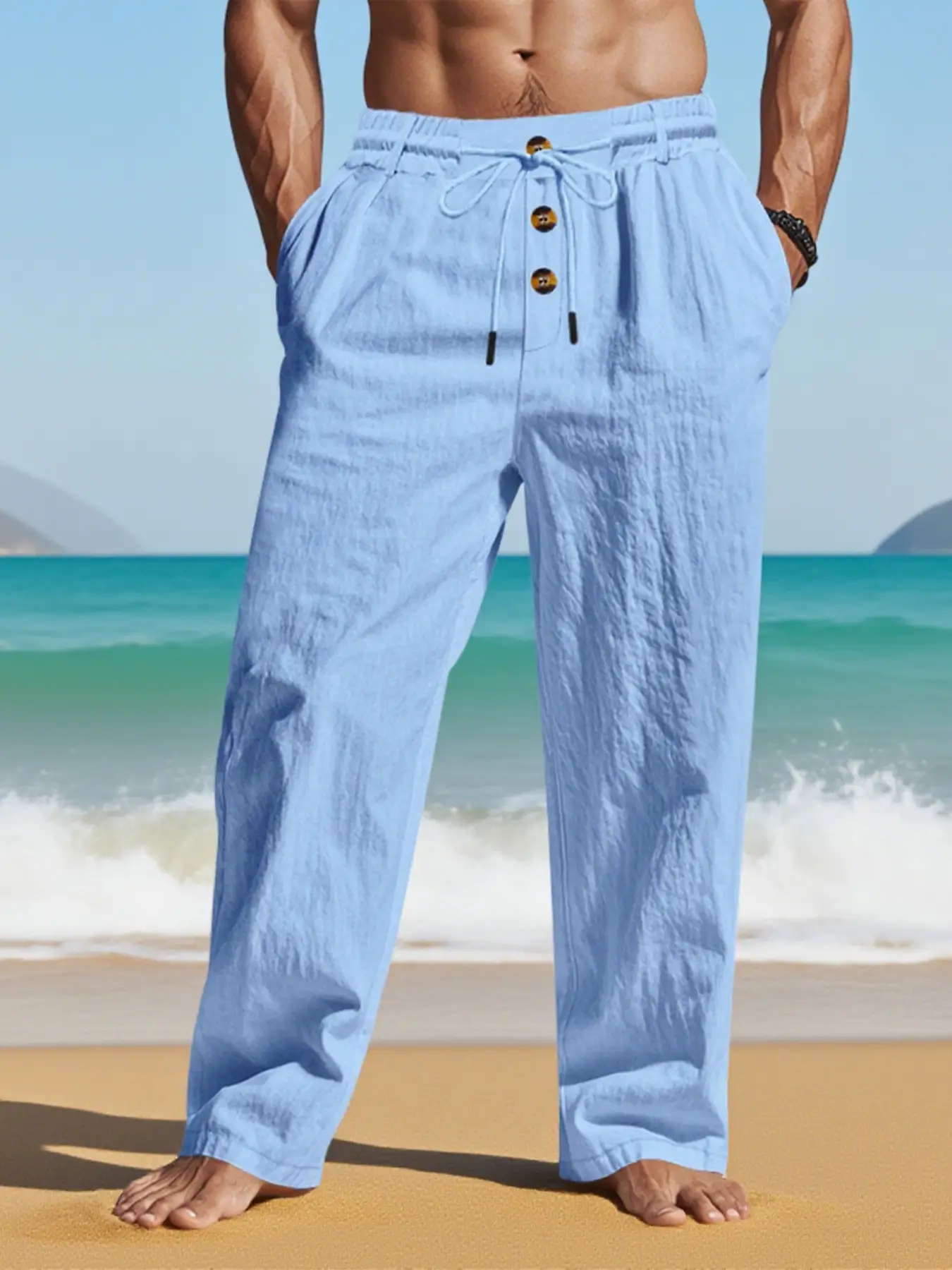 Men's solid - color linen straight - leg pants, drawstring - waist casual long pants with pocket design, loose - fitting wide - leg pants suitable for