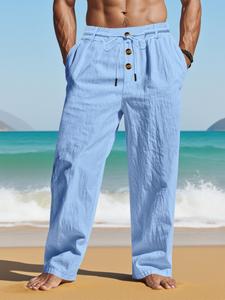 men's solid drawstring waist pants, casual street style comfy pocket trousers for daily wear, woven bottoms for all seasons, loose fit pants, casual beach pants