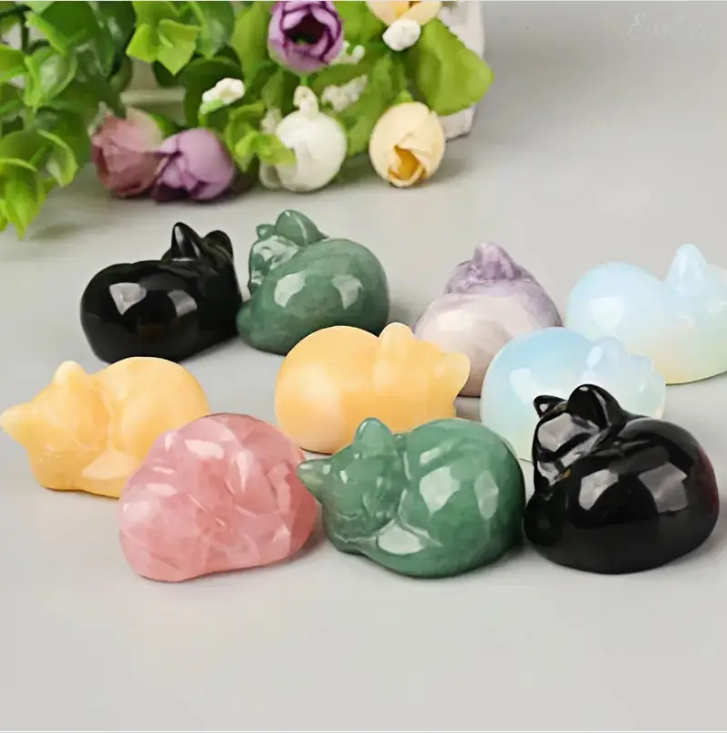 Hand-Carved Sleeping Cat Figurine in Natural Rose Quartz & Amethyst, Cute Polished Stone Animal for Desks & Altars