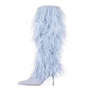 2025 new style pointed toe stilettos super high heels ostrich feather catwalk sleeve large size fur long boots and knee-high women's boots halloween  baddie  costumes Girl Shoe Faux Nylon Nail Light Blue Footwear Leather Winter Booties