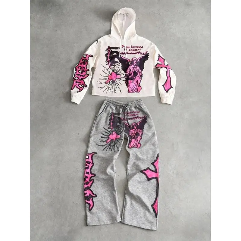 Two piece pattern set, angel and cross print short hoodie and loose pants, daily and party casual home wear Two piece pattern set, angel and cross print short hoodie and loose pants, daily and party casual home wear