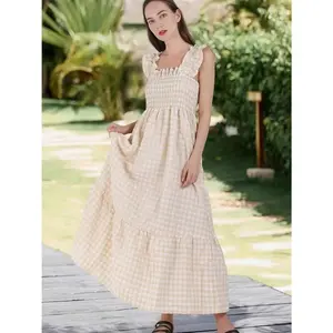 Smocked Gingham Print Midi Dress Fall Style 2026 Comfortable Dress for Women