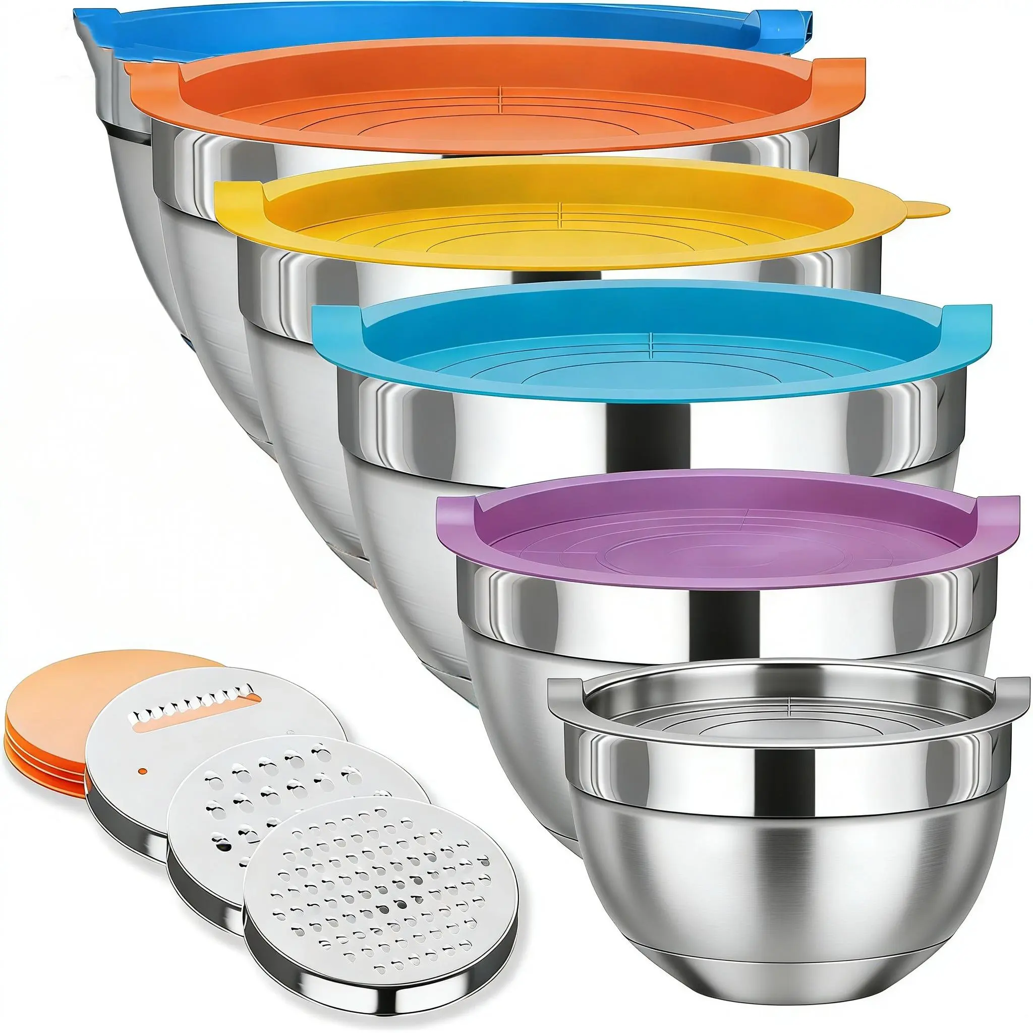 Kitchen Enthusiast 23-Piece Durable Stainless Steel Metal Mixing Bowls Set - Nesting, Stackable, Round Varied Sizes Tableware Kit with Lids, Graters, Whisk, Baking Utensils, Dishwasher Safe for Whisking, Kitchen Cooking