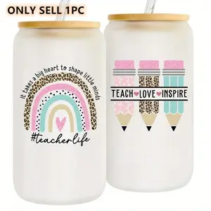 16oz Glass Water Bottle with Straw & Cleaning Brush, 1pc Reusable Portable Drinking Cup, Thank You Gift for Retired Teacher Festival Teacher's Day, Teacher Appreciation Gift, Tumbler, Water Storage Bottle, Printed Tumbler