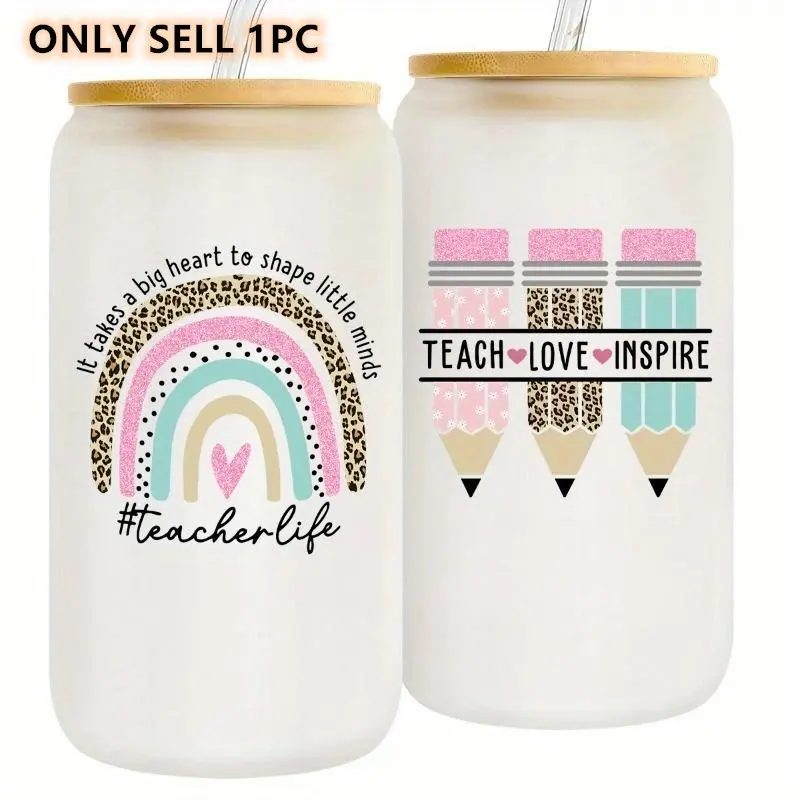 16oz Glass Water Bottle with Straw & Cleaning Brush, 1pc Reusable Portable Drinking Cup, Thank You Gift for Retired Teacher Festival Teacher's Day, Teacher Appreciation Gift, Tumbler, Water Storage Bottle, Printed Tumbler, Drink Bottles