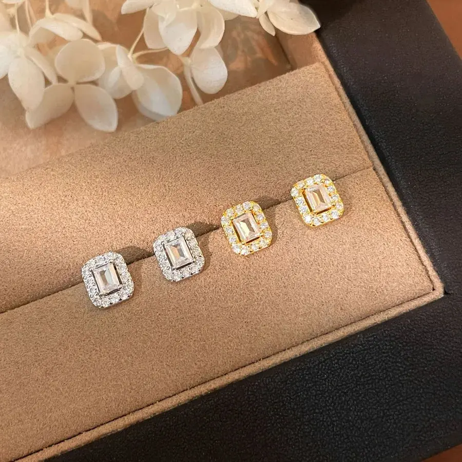 Rectangle Emerald Stud Earrings, 925 Sterling Silver, 18K Gold Plated