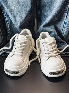 Men's High-Street Style Black-White Big Head Platform Sneakers: Unique Metal Logo Design + Height-Increasing Thick Sole, Streetwear Outfit Sneakers