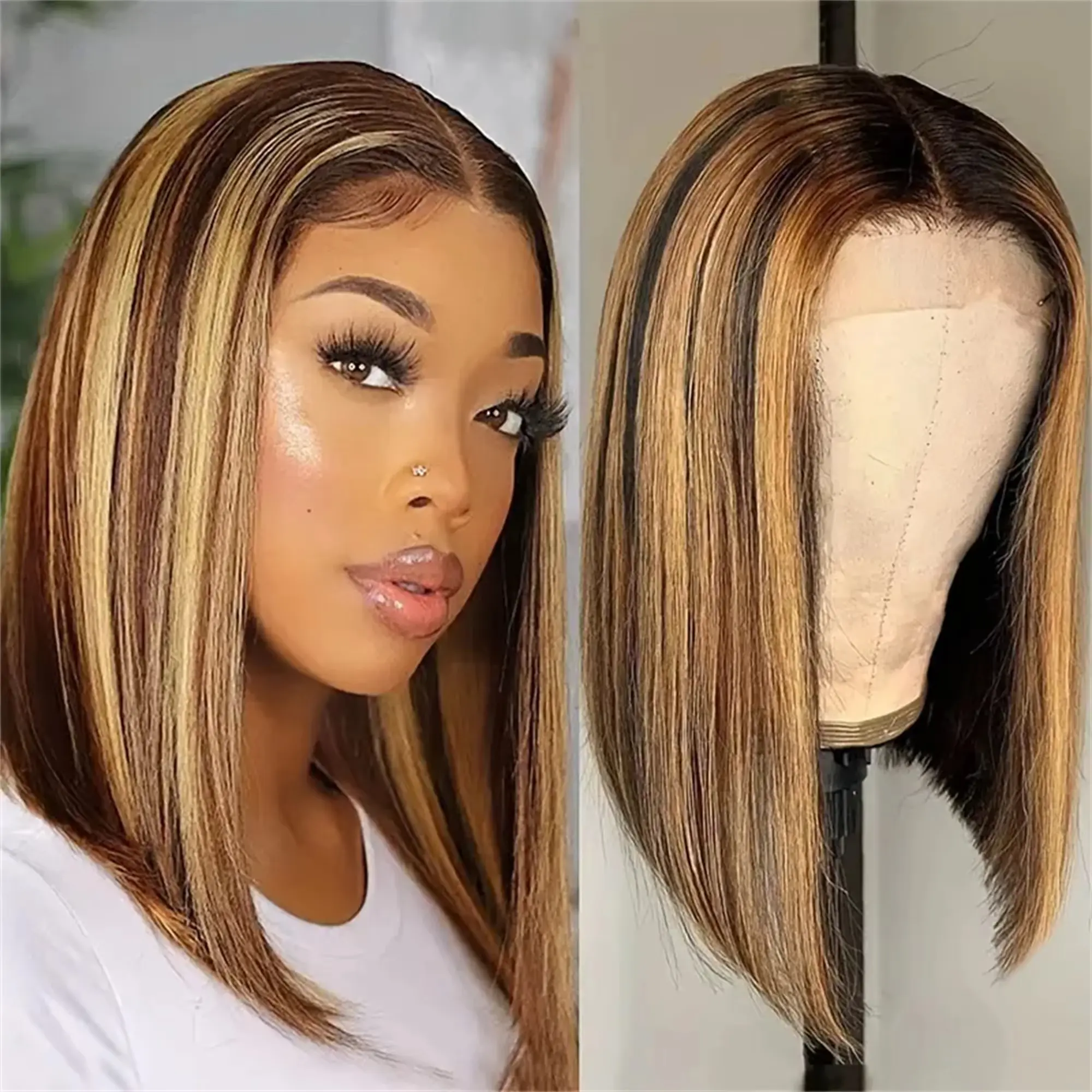 Highlight Ombre 4/27 Color Glueless Lace Short Bob Wigs Straight 180% Density Human Hair Pre Plucked Ready To Wear 6x4 Closure Wig for Women summerwins
