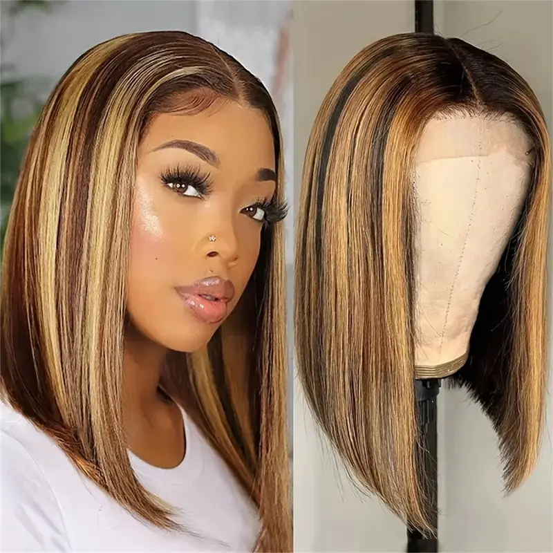 Highlight Ombre 4/27 Color Glueless Lace Short Bob Wigs Straight 180% Density Human Hair Pre Plucked Ready To Wear 6x4 Closure Wig for Women
