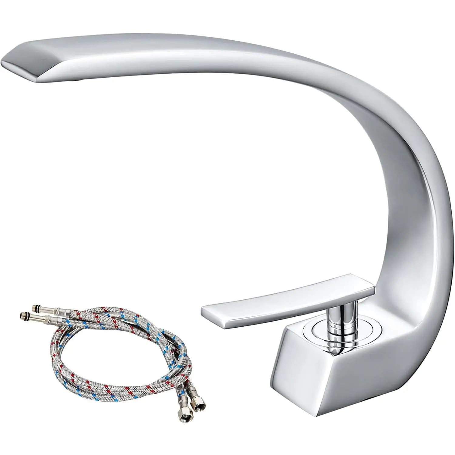 Polished Chrome High-Quality Brass Bathroom Sink Faucet - Deck-Mount, Single-Handle, 1-Hole, Curved Spout Modern Lavatory Mixer Tap with Supply Hose & Bubbler, Hot/Cold, for Commercial Use (Standard Spout Faucet), One Hole