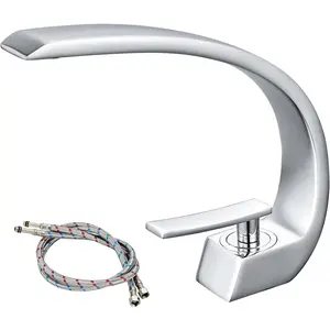 Bathroom Sink Faucet Deck Mount Single Handle Single Hole Curved Spout Lavatory Basin Mixer Tap Solid Brass with Supply Hose Commercial, Polish Chrome