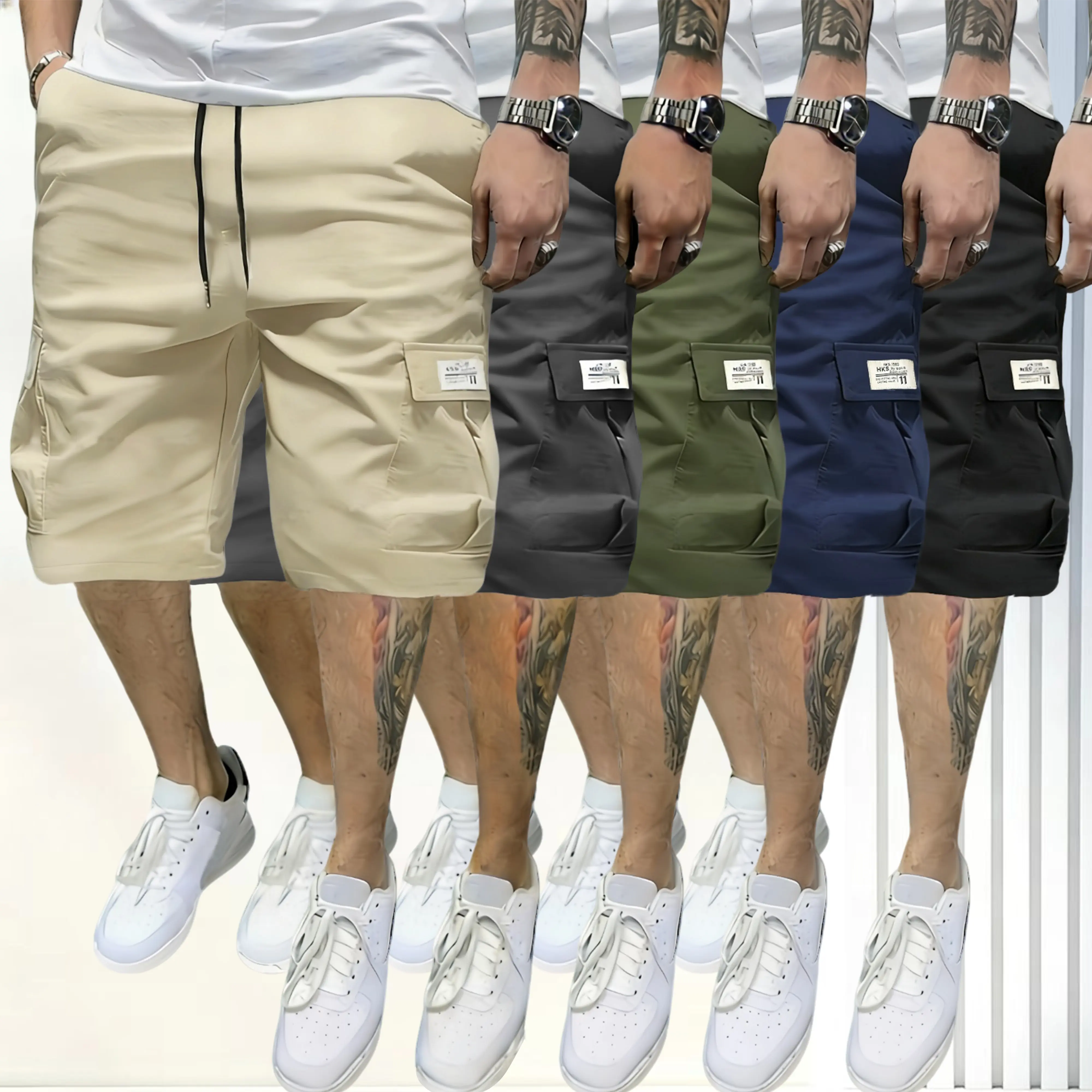 Men’s Summer Cargo Shorts, Pack of 5 — Trendy Brand Loose Straight-Leg Bermuda Shorts, American Vintage Style with Multiple Pockets, Casual Drawstring Sports Shorts, Men's Cargo Shorts, Street Style, Fabric