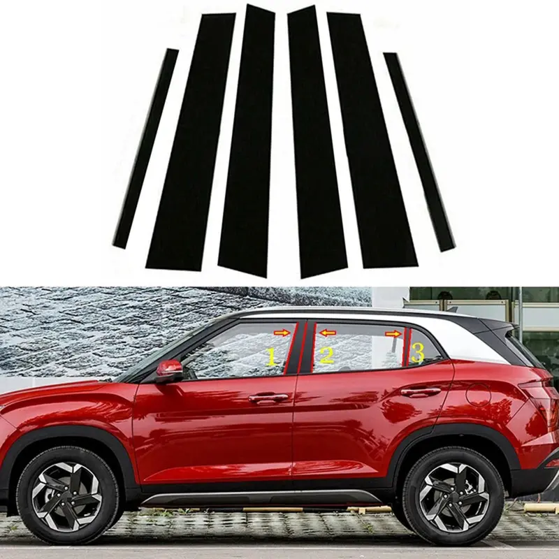 For Hyundai Creta Ix25 2020-2023, 6pcs/Set Glossy Black Pillar Post Door Side Window Trim Cover Decal Sticker