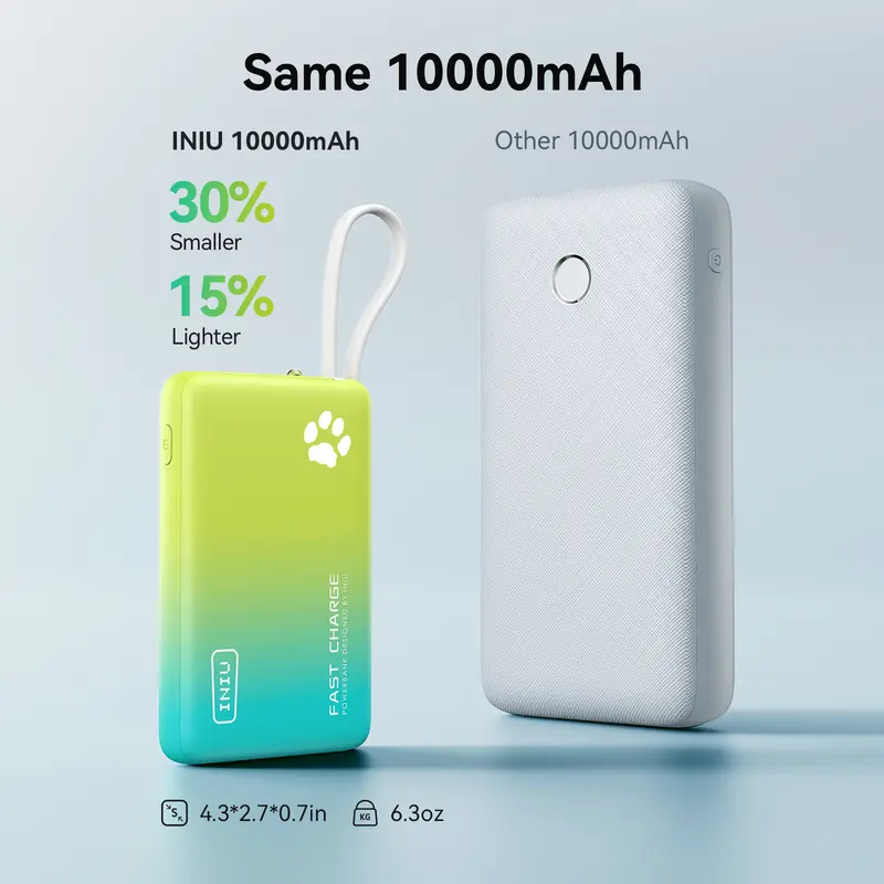 INIU【2 PACK】PawGO 45W 10000mAh Power bank, Slim PD Fast Charging Portable Charger with Build in USB-C Cable,  Perfect Gift Travel Camping Battery Pack, External Phone Charger for iPhone 17 16 15 14 13 12 11 Series Samsung Google Pixel iPad Compact Handy 4