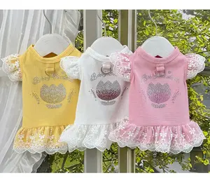Pet Clothes Dog Cat Flying Sleeve Dress Summer Lace Comfortable Pretty Cute With Leash Ring D00096