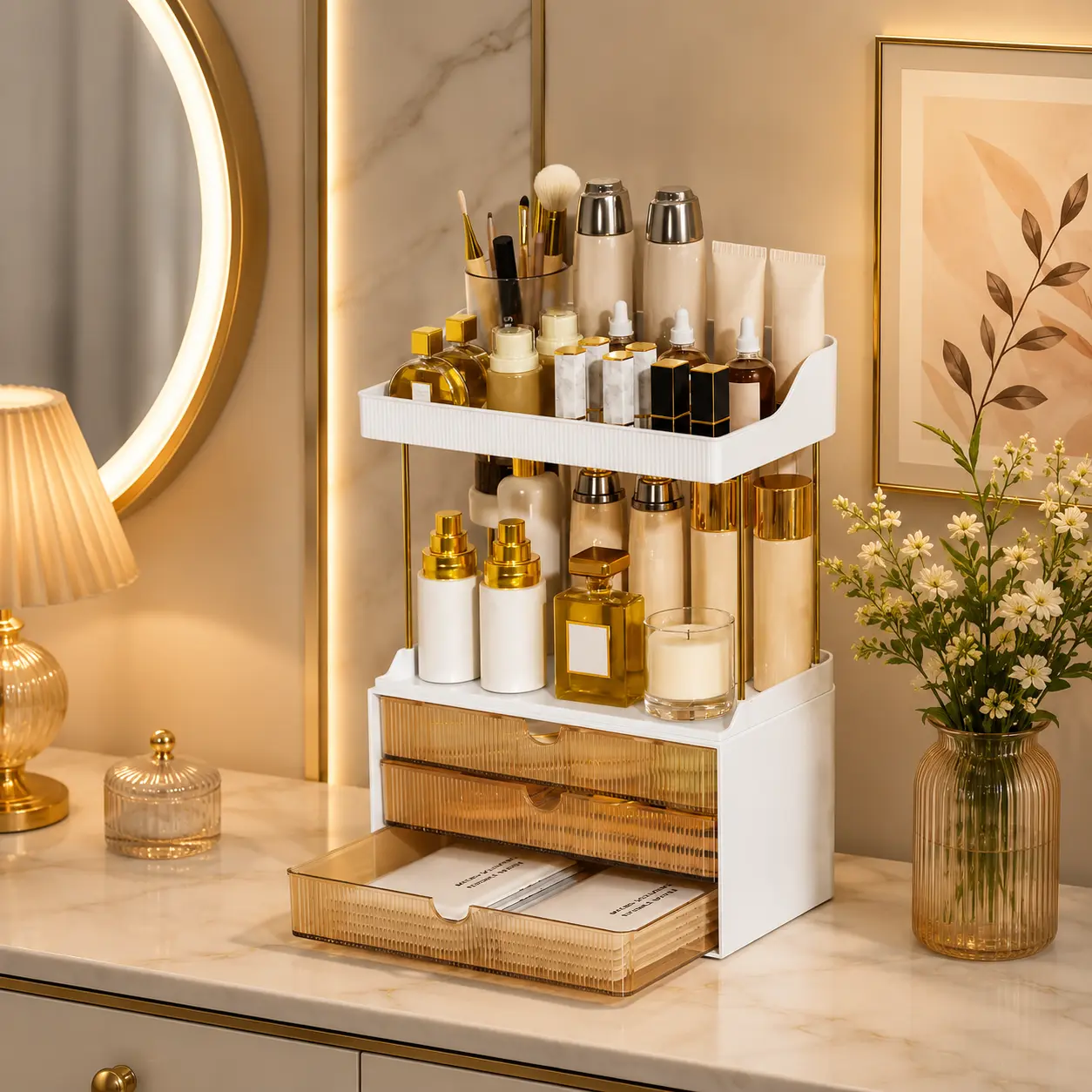 4-Tier Makeup Organizer with Drawers – Large Capacity Cosmetic Storage Case for Vanity, Bathroom Counter & Skincare Organization