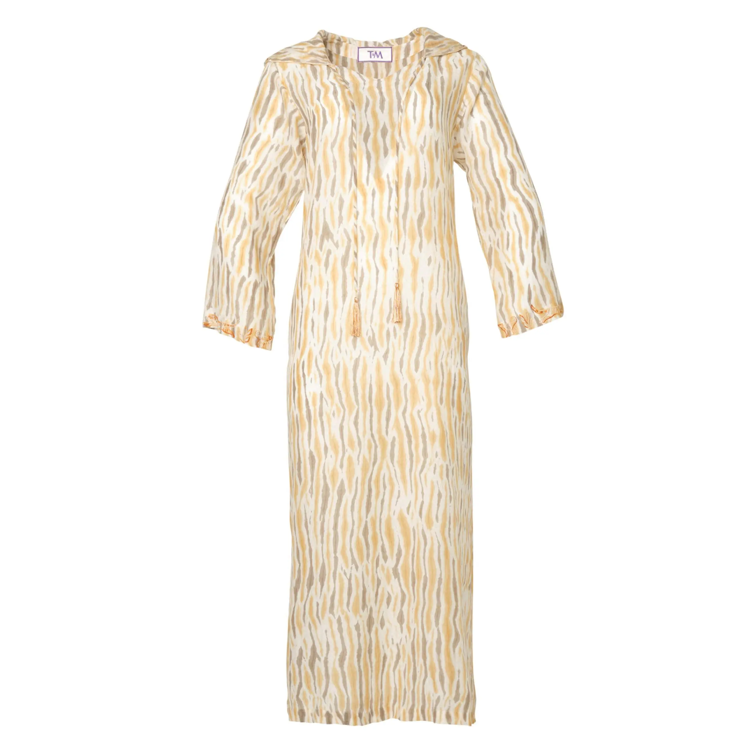The Ruthie Kaftan Dress - Long Sleeve Printed Cotton Silk Fabric with Tiger & Monkey Motifs - Lightweight Organic Hand Loomed Garment for All Seasons - Casual Womenswear