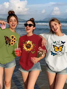 3pcs Women's Sunflower Butterfly Print Cotton T-Shirt Set, Loose Fit Round Neck Short Sleeve, Soft Breathable Fabric, Summer Beach Casual Street Style, Top