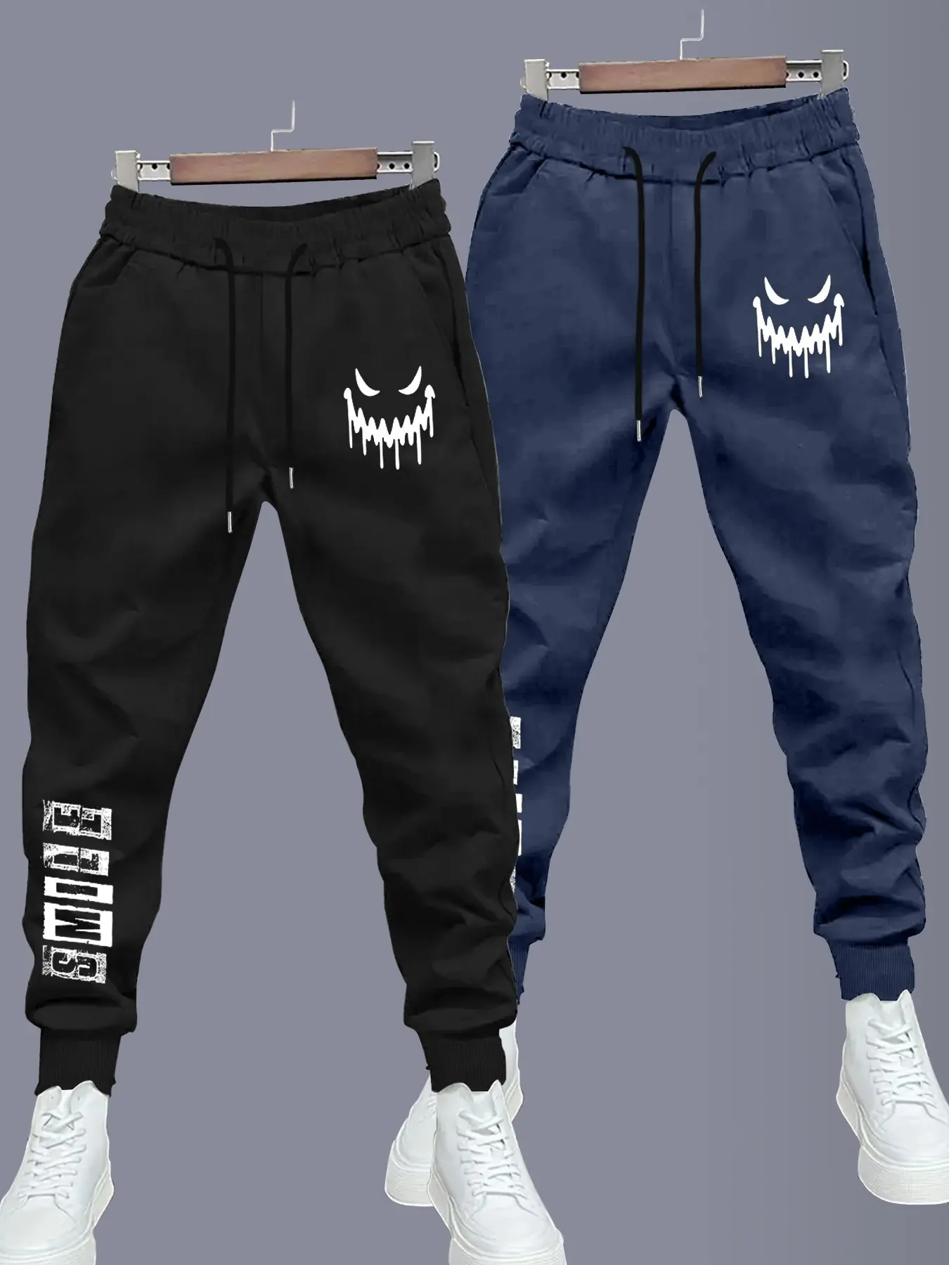 Men's Casual Smiley Print Sweatpants Set, Drawstring Waist, Long Street Style Pants, Perfect Gift for Husband or Boyfriend