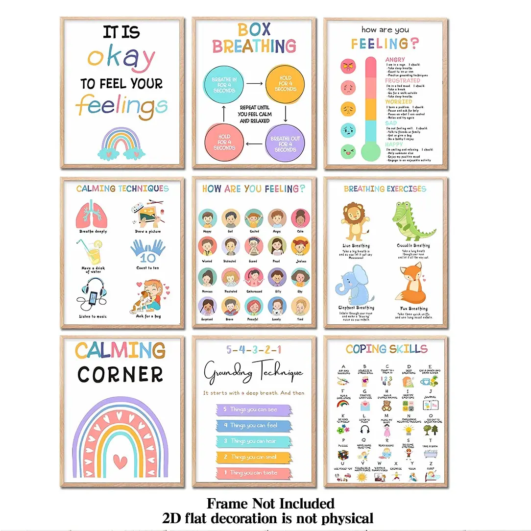 9pcs 8x10inch,No Frames Included, Calming Corner Classroom Posters, Mental Health Therapy Office Decor, Teacher Decor, Calm Down Corner Coping Skills Wall Art for  Classroom  Homeschool Decoration, Feelings Chart Educational, Emotions Chart