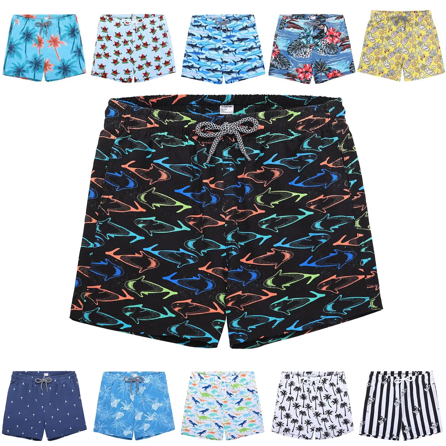 Boys' Swim Shorts, Cartoon printed, Quick dry, Lined with Pockets for Little Boys' Swimwear