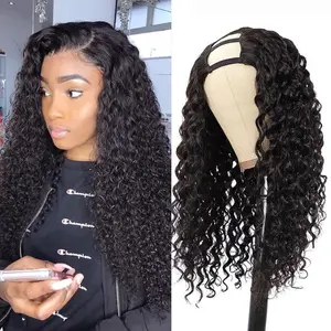 16 Inch Curly Wave U Part Human Hair Wigs No Lace, Glueless 100% Unprocessed Brazilian Curly Wave Human Hair Wigs 150% Density for Black Women Natual Color