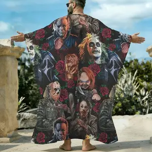 Men's Loose V-Neck Pullover Horror Movie Icon Print Caftan, Classic Slasher Character Graphic Beach Cover Up, Breathable Short Sleeve Resort Lounge Sleep Shirt for Men