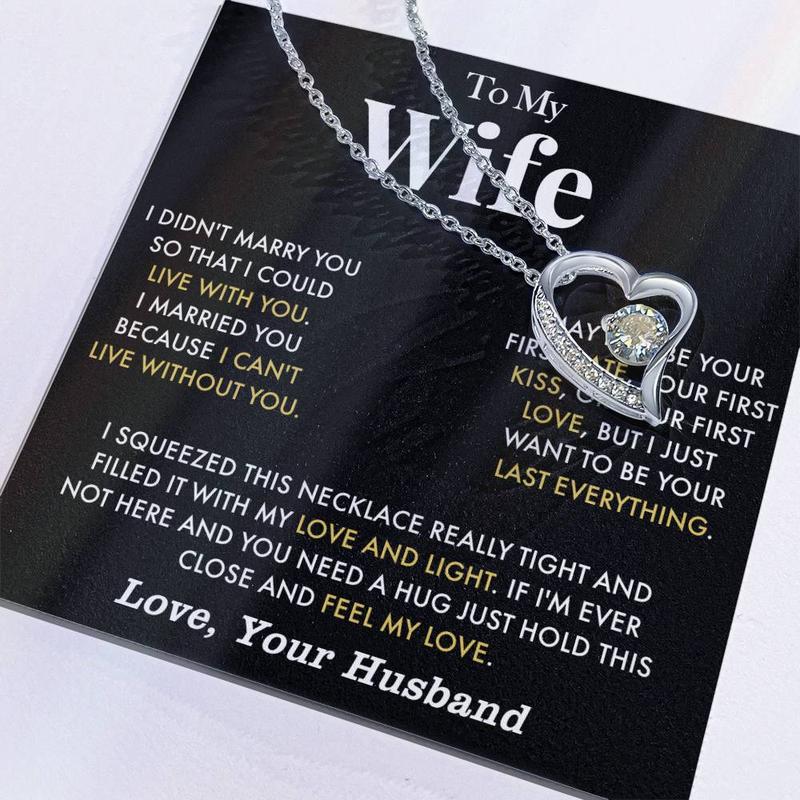 To My Wife Anniversary Necklace with Cubic Zirconia Pendant Love Heart Gift for Wife Birthday Present White Gold Over Stainless Steel Adjustable Chain 18-22 Inches